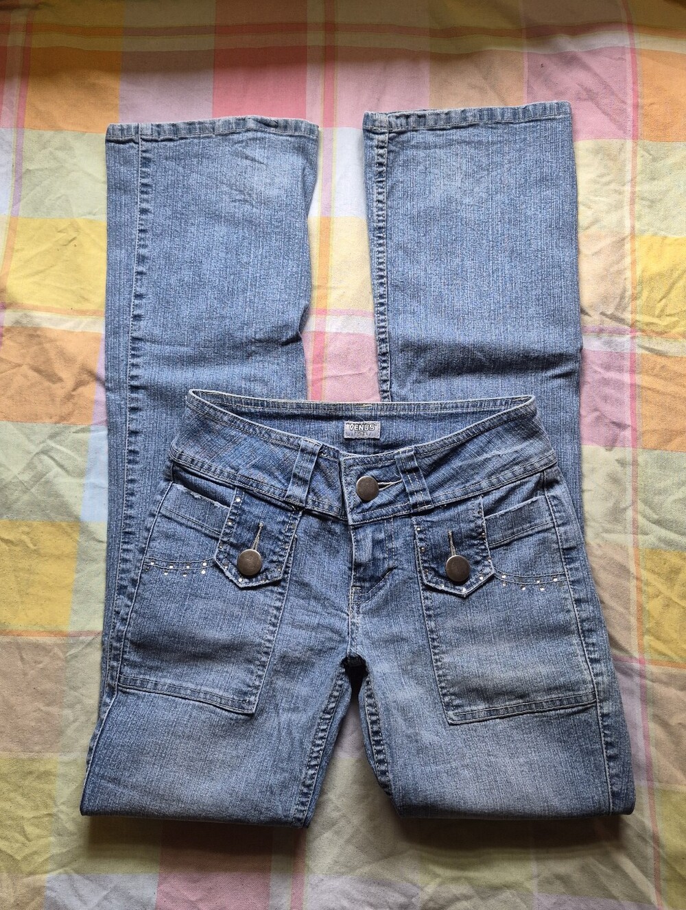 VENUS Light Blue Flare Jeans with Front Pocket Stud Details